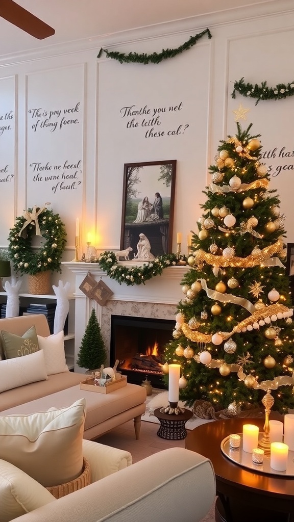 A cozy Christmas living room with nativity scene, decorated tree, and warm candlelight.